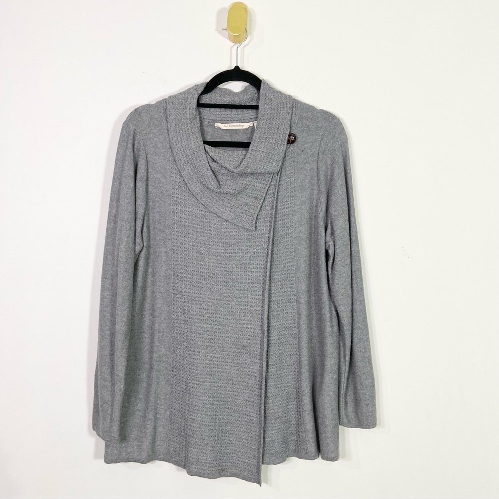Soft Surroundings Gray Wool Blend Asymmetric Wrap Front Cowl Neck Sweater